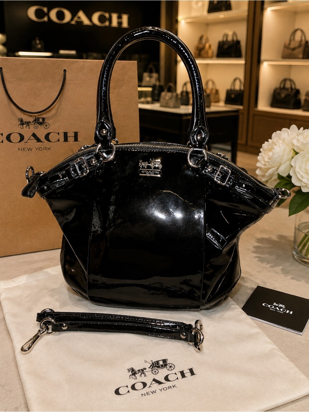 Coach Madison Lindsay $428 retail black patent leather top handle satchel